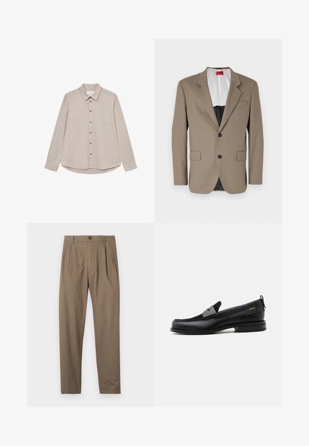 Brun blazer lavet af tekstureret stof, med en enkelt knap, to forlommer og en skrå krave. Foring i kontrastfarver.; Brun og beige ternet langærmet skjorte med button-down krave, brystlomme og brune knapper, der har en buet kanten.; Brune plisserede bukser lavet af blødt stof, med lynlås og knaplukning foran, lige ben-design og glat overflade.; Sort læderloafer med grå remdetalje, lav hæl og tekstureret sål, mærket med "HUGO" i guld på siden.