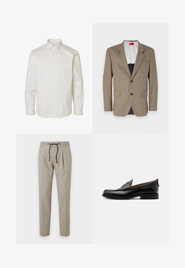 Blazer marron en tissu texturé, doté d'une coupe à un bouton, de deux poches avant et d'un revers cranté. Doublure aux couleurs contrastées.; Chemise blanche à manches longues avec des rayures verticales beiges, patte de boutonnage devant, col pointu et poignets à boutons.; Pantalons beige clair à coupe fuselée, avec taille élastique et cordon noir. Le matériau présente une texture subtile et des détails de plis.; Mocassin homme en cuir noir avec couture moc toe, bride penny, col texturé et petit talon empilé sur fond blanc.