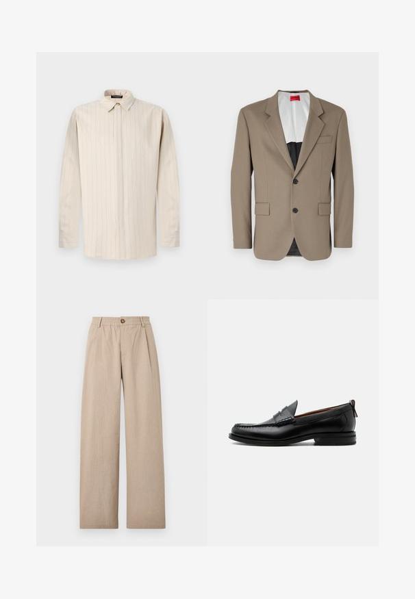 Brun blazer lavet af tekstureret stof, med en enkelt knap, to forlommer og en skrå krave. Foring i kontrastfarver.; Lyse beige langærmet skjorte med knapkrave, der har lodrette striber, lige snit og enkeltknapsmanchetter.; Beige vide bukser med struktureret finish, der har folder og en elastisk talje, fastgjort med en bronze knap foran.; Sort læder herre loafer med moc-tå syning, penny strop, struktureret krave og lav stablet hæl på hvid baggrund.