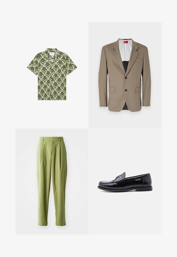 Brun blazer lavet af tekstureret stof, med en enkelt knap, to forlommer og en skrå krave. Foring i kontrastfarver.; Kortærmet skjorte med et grønt blomstermønster på en lys beige baggrund. Har en krave og et mærke med teksten "Les Deux."; Lys grønne bukser lavet af et struktureret stof, med en lige form, folder foran og en standard talje.; Sorte læderloafer med en blank finish, der har et syet mønster på tåen og en lav, tekstureret sort gummisål.