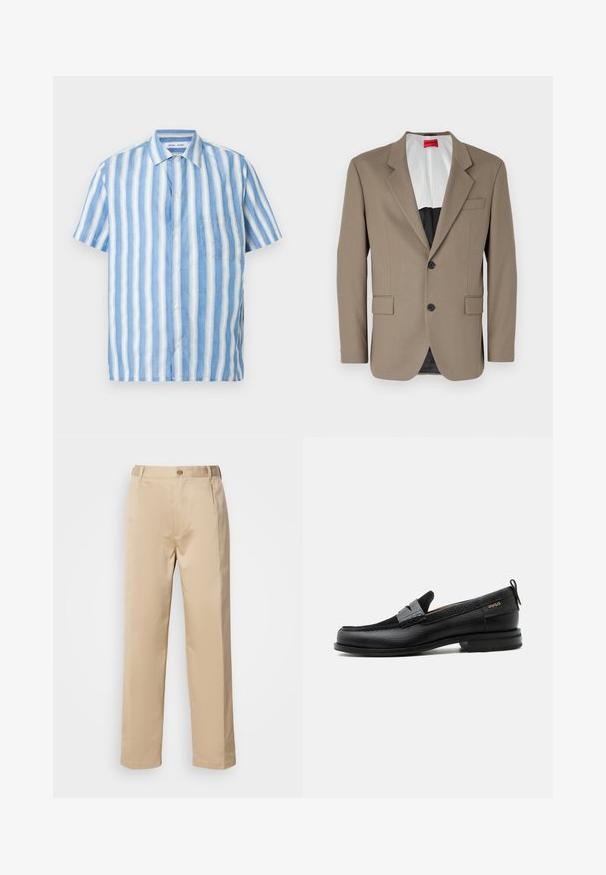 Blazer marron en tissu texturé, doté d'une coupe à un bouton, de deux poches avant et d'un revers cranté. Doublure aux couleurs contrastées.; Chemise à manches courtes à rayures verticales bleu clair et blanc, en lin, avec col pointu et une poche poitrine unique.; Pantalons beiges en tissu léger, avec une coupe droite, une taille avec passants de ceinture et une fermeture à bouton sur le devant.; Mocassin en cuir noir avec détail de bride grise, talon bas et semelle texturée, marqué "HUGO" en or sur le côté.