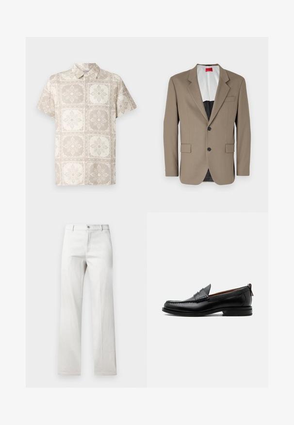 Brauner Blazer aus strukturiertem Stoff, mit einem einreihigen Design, zwei frontalen Taschen und einem geschlitzten Revers. Futter in kontrastierenden Farben.; Beige Kurzarm-Hemd mit Knopfleiste und einem wiederkehrenden floralen Muster. Hergestellt aus einem leichten Stoff mit einer natürlichen, strukturierten Optik.; Helle graue Hose mit geradem Bein, aus einem glatten Stoff gefertigt, mit vorderer Knopfverschluss und Seitentaschen.; Schwarzer Leder-Herrenschuh mit Mokassinnaht, Penny-Riemen, strukturiertem Kragen und niedrigem gestapeltem Absatz auf weißem Hintergrund.
