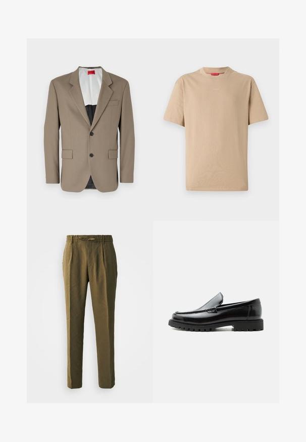 Brauner Blazer aus strukturiertem Stoff, mit einem einreihigen Design, zwei frontalen Taschen und einem geschlitzten Revers. Futter in kontrastierenden Farben.; Beige Baumwoll-T-Shirt mit kurzen Ärmeln, Rundhalsausschnitt und dezentem "HUGO"-Logo in der Mitte. Angenehme Textur, legerer Schnitt.; Olivgrüne Hosen aus weichem Material, mit einer lockeren Passform, gefalteter Vorderseite und einem elastischen Bund mit passendem Kordelzug.; Schwarzer Lederloafer mit grober Gummisohle, genähter Oberseite und geprägtem Markennamen an der Ferse, seitlich auf weißem Hintergrund gezeigt.