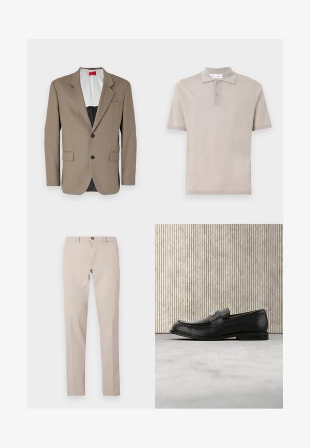 Brun blazer lavet af tekstureret stof, med en enkelt knap, to forlommer og en skrå krave. Foring i kontrastfarver.; Kortærmet polo-shirt i lys beige bomuld, med klassisk krave, to-knaps placket og en glat, struktureret finish.; Beige, smalle bukser med bæltestropper, knaplukning og frontlynlås, vist fladt mod en hvid baggrund.; Sort læderloafer med metalbrandskilt hvilende nær et brunt rundt bord på beige tæppe.