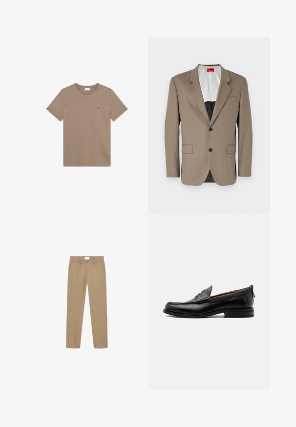 Blazer marrón hecho de tejido texturizado, con un diseño de un solo botón, dos bolsillos frontales y solapas con muesca. Forro en colores contrastantes.; Camiseta de algodón marrón con cuello redondo, mangas cortas y un pequeño logo rojo "II" en el pecho. Diseño simple y textura suave.; Pantalones beige con una textura suave, diseño de pierna recta, bolsillos delanteros y cierre con botón. Etiqueta visible en la cintura.; Mocasín de hombre de piel negra con costura moc toe, tira penny, cuello texturizado y tacón bajo apilado sobre fondo blanco.