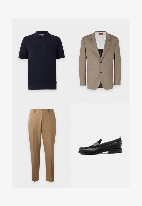 Bruine blazer gemaakt van gestructureerde stof, met een enkele rij knopen, twee voorzakken en een gelobde revers. Voering in contrasterende kleuren.; Marineblauwe poloshirt van structuur gebreid materiaal, met een twee-knopenknopsluiting en ribbelmouwen en -zoom. Eenvoudig en modern ontwerp.; Bruine maatwerkbroek met een rechte pasvorm, enkele plooien, riemlussen en een sluiting met een knoop aan de voorkant. Gladde stof met een matte textuur.; Zwarte leren loafer met grijs riemdetailelement, lage hak en gestructureerde zool, aan de zijkant gebrandmerkt met "HUGO" in goud.