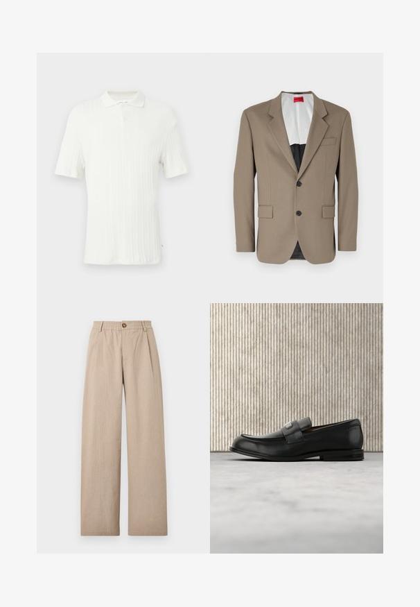 Blazer marron en tissu texturé, doté d'une coupe à un bouton, de deux poches avant et d'un revers cranté. Doublure aux couleurs contrastées.; Polo blanc à manches courtes avec une texture côtelée, un col et une fermeture à un bouton en haut.; Pantalons beige à large jambe avec une finition texturée, dotés de plis et d'une taille élastique, fixés par un bouton en bronze à l'avant.; Mocassin en cuir noir avec une plaque de marque en métal reposant près d'une table ronde marron sur un sol recouvert de moquette beige.