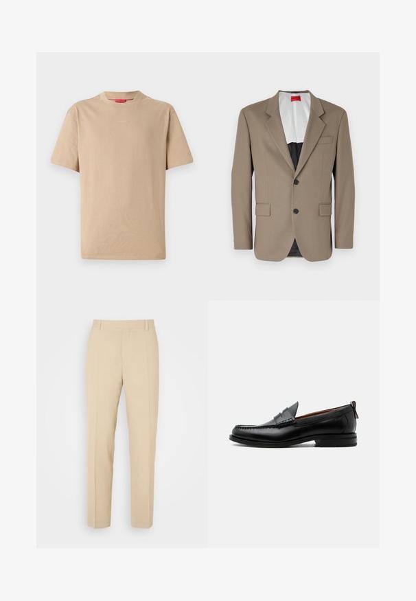 Brauner Blazer aus strukturiertem Stoff, mit einem einreihigen Design, zwei frontalen Taschen und einem geschlitzten Revers. Futter in kontrastierenden Farben.; Beige Baumwoll-T-Shirt mit kurzen Ärmeln, Rundhalsausschnitt und dezentem "HUGO"-Logo in der Mitte. Angenehme Textur, legerer Schnitt.; Beige maßgeschneiderte Hosen mit geradem Bein, aus leichtem Stoff, mit zwei vorderen Taschen und ordentlich gebügelten Falten.; Schwarzer Leder-Herrenschuh mit Mokassinnaht, Penny-Riemen, strukturiertem Kragen und niedrigem gestapeltem Absatz auf weißem Hintergrund.