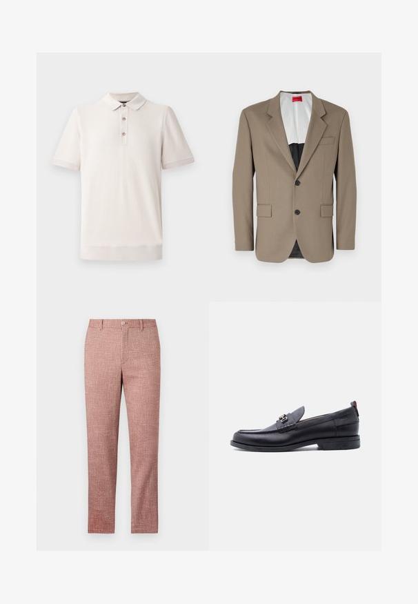 Brun blazer lavet af tekstureret stof, med en enkelt knap, to forlommer og en skrå krave. Foring i kontrastfarver.; Kortærmet polo-shirt i lys beige, tekstureret materiale med krave og tre knaplukninger; ribbede detaljer ved ærmer og kant.; Røde strukturerede bukser med lige ben-design, forlommer og knaplukning. Stoffet har et vævet mønster for ekstra detalje.; Sort lædermokasin med grå tekstureret forfod, sølvfarvet metalspænde, lav hæl og trækflap bagpå.