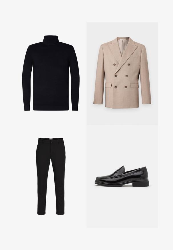 Beige dobbeltbrystet blazer lavet af tekstureret stof. Har to frontlommer, brune knapper og en spidset krave.; Sort turtleneck sweater, ribbede manchetter og krave, blødt strikstof, let design, lange ærmer, ingen synlig branding eller mønstre.; Smaltsiddende sorte bukser med bæltestropper, foran med knap og lynlås, vist mod en hvid baggrund.; Sorte læder loafers med en rund tå, der har en syet detalje over vristen og en lav blokhæl. Glat tekstur og blank finish.