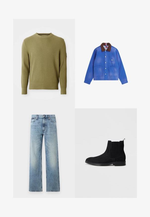Blå knapjakke med brun krave, to store forlommer, en lille brystlomme med logo og stribet detalje indeni kraven.; Ribbet strikket olivengrøn langærmet crew neck sweater med tætsiddende manchetter og en lille patchdetalje på venstre ærme.; Lyseblå denim jeans med lige ben, højt talje, fem lommer, knaplukning og diskrete falmede områder på lår og knæ.; Sort ruskind Chelsea-støvle med elastiske sidepaneler, rund tå, subtil tekstur og hæklenke. Flad gummisål.