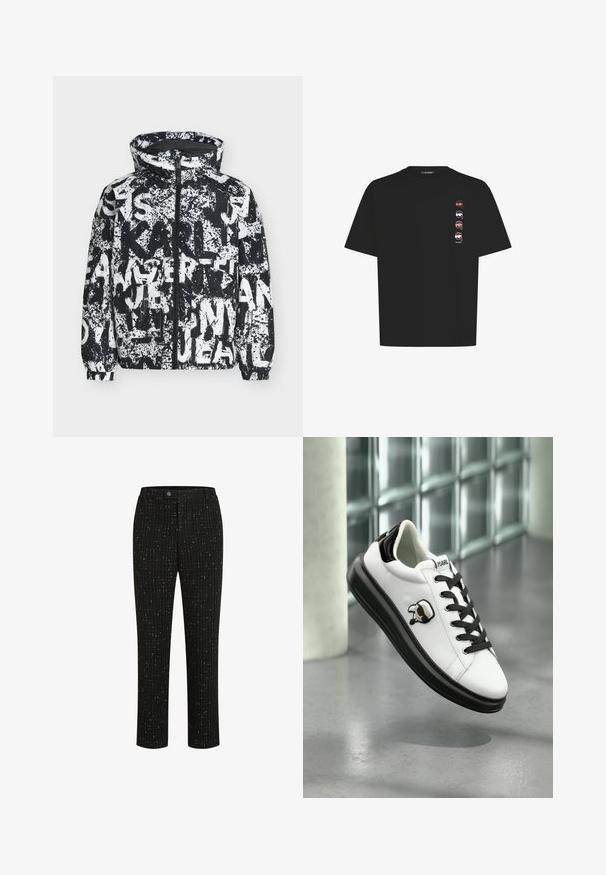 Sort og hvid hættejakke med fuld lynlås og abstrakt graffiti-stil tekst og malesprøjt mønster over det hele.; Sort bomulds t-shirt med lige snit, korte ærmer og en lodret række af fire farverige grafikdesigns på venstre side.; Sorte skræddersyede bukser med et tekstureret mønster af tynde hvide lodrette linjer, en lige pasform og en knaplukning i taljen.; Hvide lædersneakers med sorte detaljer, rund tå, sorte snørebånd og et tegneserie-logo på siden. Glat overflade, lav profil sål.