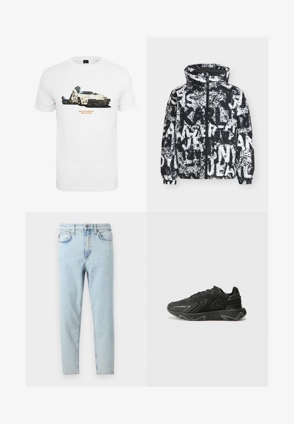 Sort og hvid hættejakke med fuld lynlås og abstrakt graffiti-stil tekst og malesprøjt mønster over det hele.; Hvid bomulds T-shirt med en bilillustration med to figurer, tekst der siger "Når weekenden rammer dig hårdt," og sat mod en simpel baggrund.; Lyseblå højtsiddende slim-fit jeans med forreste knap, lynlås, for- og baglommer, vist på hvid baggrund.; Sorte sneakers med en bølget tekstur og grå detaljer. Har en snørebåndsdesign og en chunky, skulptural sål. Branding er synlig på siden.