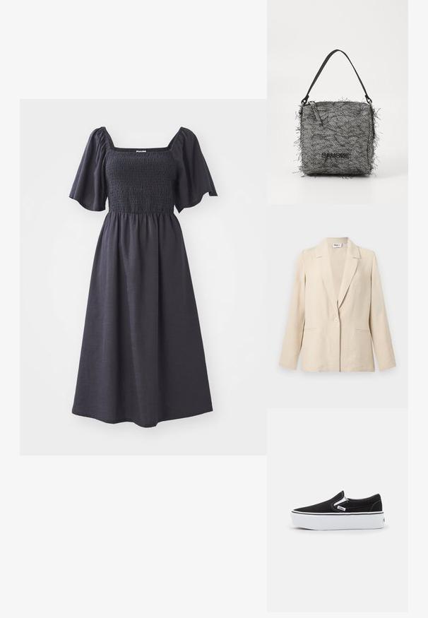 Blazer pour femme texturé couleur crème, manches longues, col cranté, fermeture par un bouton unique et deux poches avant.; Robe de couleur sombre avec un décolleté carré, un corsage smocké et de courtes manches volantes. La jupe tombe harmonieusement jusqu'à mi-mollet.; Chaussure slip-on noire en toile avec une semelle en caoutchouc blanc, dotée d'accents élastiques sur les côtés et de coutures contrastées. Logo de la marque visible sur le côté.; Sac en tricot noir et blanc en chevrons avec des bords frangés, doté d'une fine bandoulière et d'un logo sur le devant.