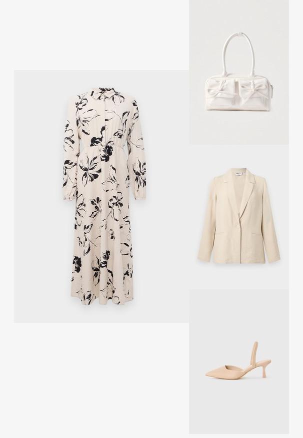 Crèmewitte getextureerde damesblazer met lange mouwen, kraag met inkeping, enkele knoopsluiting en twee voorzakken.; Lange beige jurk met zwart bloemenpatroon, lange mouwen, geraffineerde taille en een kraag met knoopsluiting aan de voorkant.; Beige puntschoen met hak en open zijkanten. Gemaakt van glad synthetisch materiaal en een minimalistisch ontwerp.; Witte synthetische handtas met twee voorzakken, elk voorzien van een gebonden strikdetail. Soepele textuur, afgeronde handgrepen en een ritssluiting.