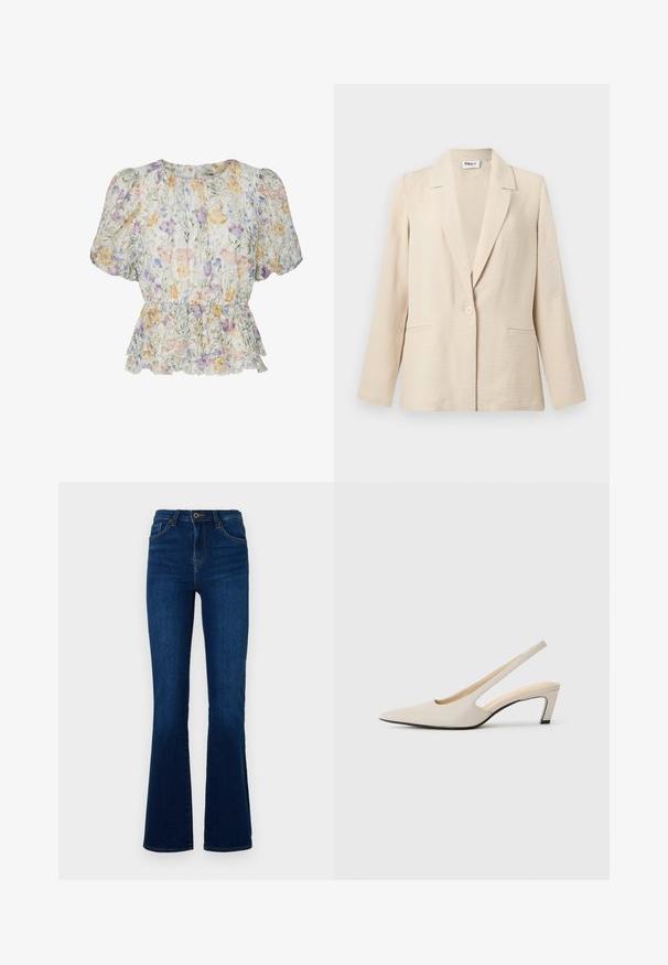 Heller, cremefarbener Damenblazer mit strukturierter Oberfläche, langen Ärmeln, Reverskragen mit Kerbung, Ein-Knopf-Verschluss und zwei vorderen Taschen.; Kurze Bluse mit Puffärmeln, tailliertem Bund und Rüschensaum in Pastellfarben auf hellem Hintergrund.; Dunkelblaue ausgestellte Jeans aus Denim mit hoher Taille, versehen mit Fronttaschen, einem Reißverschluss und subtilen Stickdetails.; Beige Slingback-Pumps mit spitzer Kappe, offenen Seiten und kleinem Blockabsatz. Glatte Lederstruktur und minimalistisches Design.