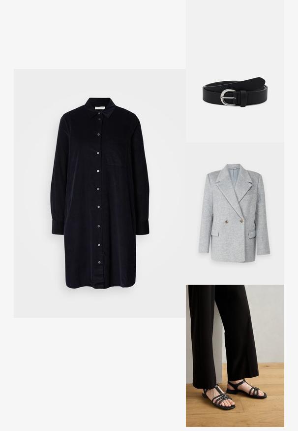 Grau-melierter Wolle-Mischung Doppelreiher Blazer mit maßgeschneidertem Design, scharfem Kragen und zwei Fronttaschen. Mit braunen Knopfakzenten.; Langärmliges schwarzes Hemdkleid mit Knöpfen, Kragen und Brusttasche, auf einem schlichten hellgrauen Hintergrund präsentiert.; Gabor Comfort Riemensandalette - schwarz/gold; Schwarzer Leder-Gürtel mit einer silbernen runden Schnalle, flaches Design, sich verjüngendes Ende, glatte Textur und minimalistischer Stil.