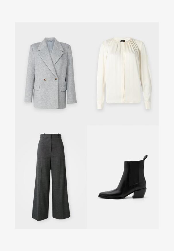Blazer gris de mezcla de lana de corte ajustado, con doble botonadura, cuello afilado y dos bolsillos frontales. Presenta detalles de botones marrones.; Blusa de manga larga en seda blanco roto. Presenta un escote redondo, suaves pliegues en los hombros y puños con botones. Textura suave y diseño minimalista.; Pantalones de cuadros grises de pierna ancha con cintura alta, que presentan pliegues frontales, textura vertical y sin hardware ni acentos visibles.; Botas de tobillo de cuero negro con punta afilada, paneles laterales elásticos y un tacón bajo en bloque. Cuenta con una lengüeta en el talón para facilitar su uso.