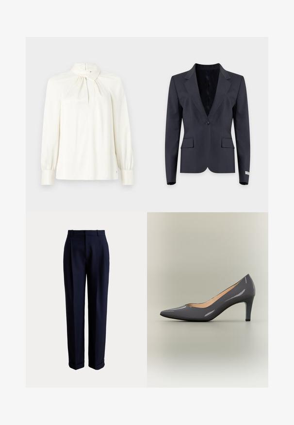Blazer noir à bouton unique avec revers crantés, deux poches avant à rabat et manches longues sur un fond clair uni.; Blouse à manches longues et col haut en crème, fabriquée en tissu lisse. Présente un détail froncé au niveau du col et des manches bouffantes.; Pantalon droit bleu marine foncé, coupé sur mesure, avec plis à l'avant, passants de ceinture et ourlets retournés sur un fond clair uni.; Chaussure à talon haut en cuir verni gris à bout pointu avec un talon de hauteur moyenne sur un fond neutre uni.