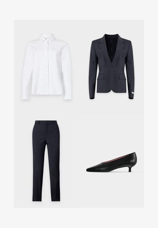 Blazer noir à bouton unique avec revers crantés, deux poches avant à rabat et manches longues sur un fond clair uni.; CLOSED CLASSIC SHIRT WITH STRAP DETAIL - Chemisier - white; Pantalons ajustés bleu marine avec une coupe droite, présentant une texture lisse, deux poches avant et une taille épurée.; Escarpin en cuir noir avec un bout pointu et un petit talon bas, présenté en profil latéral sur un fond clair uni.