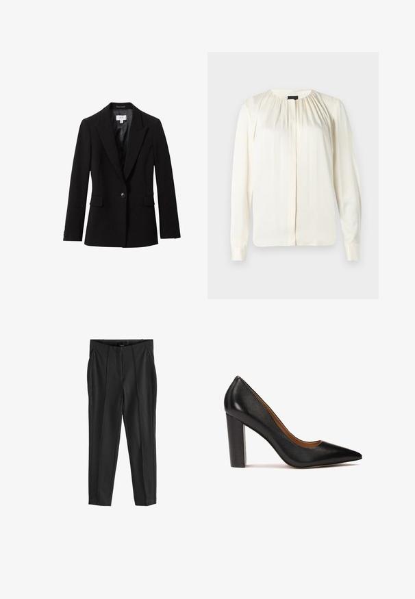 Sort skræddersyet enkeltknaps blazer med hakkede revers, klaplomme og satinfor.; Langærmet bluse i off-white silke. Har en rund halsudskæring, bløde plisseringer ved skuldrene og knaplukninger ved ærmerne. Glat tekstur og minimalistisk design.; Sorte tapered bukser med en glat tekstur, der har to forreste lynlås lommer og fold i fronten for en struktureret design.; Sorte læder højhælede pumps med spids tå, tekstureret overflade og en kraftig blokhæl. Enkel design med en glat indvendig foring.