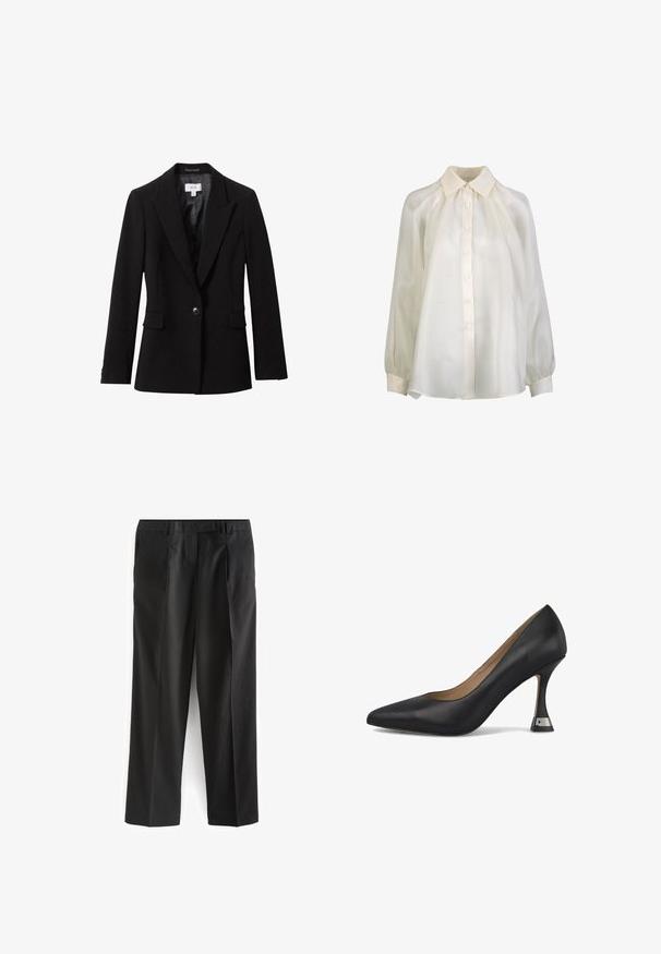 Blazer noir ajusté à un bouton avec revers à cran, poches à rabat et doublure intérieure en satin.; Blouse à manches longues de couleur crème avec fermeture boutonnée devant, col pointu, épaules froncées et manches à poignets.; Pantalons noirs à jambe droite en tissu lisse, dotés de deux poches avant et d'une taille plate. Design minimaliste, sans motifs visibles.; Chaussure à talon haut en cuir noir avec un bout pointu et un talon triangulaire unique agrémenté d'un accent métallique. Texture lisse et design élégant.