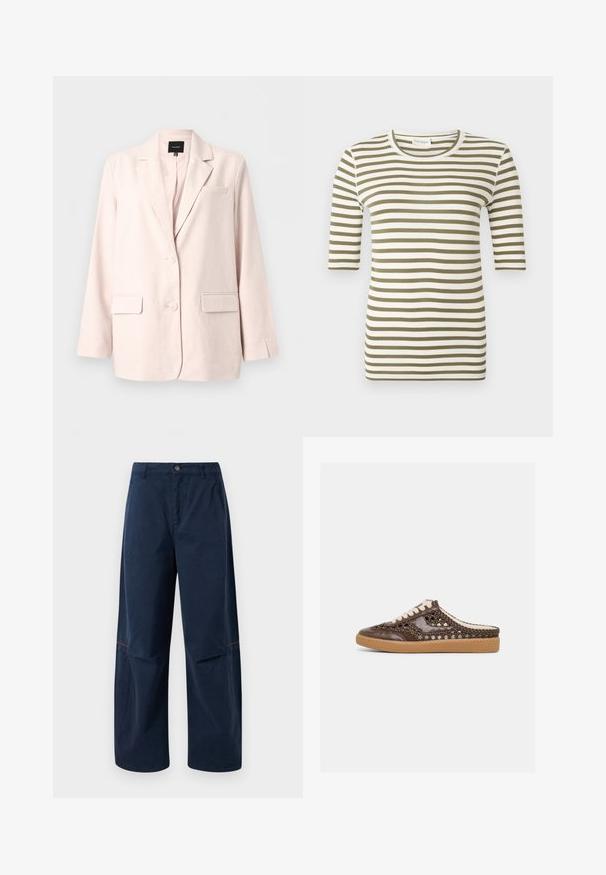 Blazer rosa claro para mujer con solapas con muesca, dos bolsillos frontales con solapa, bolsillo en el pecho y cierre de dos botones.; Camiseta de manga corta con rayas horizontales en verde oliva y blanco, y escote redondo, sobre un fondo liso.; Pantalones de pierna ancha azul marino con botón frontal, trabillas para cinturón, bolsillos laterales y costura roja sutil en la zona de la rodilla.; Zapatilla deportiva marrón de cuero tejido, tipo slip-on, con cordones blancos y suela de goma color beige, mostrada de perfil sobre un fondo claro y liso.