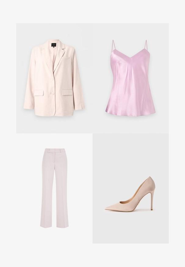 Blazer rose clair pour femme avec revers crantés, deux poches avant à rabat, poche poitrine et fermeture à deux boutons.; Camisole en satin rose clair avec fines bretelles spaghetti réglables et un léger décolleté en V, présenté sur un fond blanc uni.; Pantalon rose pâle à jambes droites avec passants de ceinture et détails de couture avant, présenté sur un fond blanc.; Escarpin en daim beige à talon haut avec un bout pointu et un design ajouré. Présente une silhouette élégante et un talon aiguille fin.