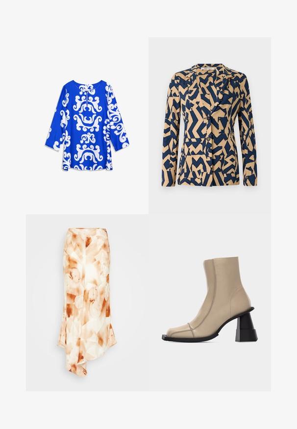 Veste bleu marine et beige avec un motif abstrait en zigzag, design à un bouton, col cranté et deux boutons. Texture de tissu douce.; Haut bleu avec des motifs blancs tourbillonnants, doté d'un col rond et de manches trois-quarts. Confectionné en tissu lisse et léger.; Jupe longue et fluide en tissu léger avec un motif abstrait dans des tons terre, comprenant du blanc crémeux, un orange doux et des taches marron.; Bottine beige en cuir avec bout carré, couture visible, et talon bloc noir sculpté et épais sur fond blanc.