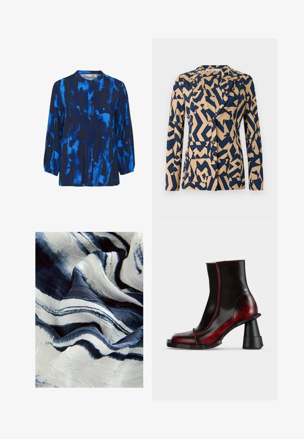 Chaqueta azul marino y beige con un patrón abstracto en zigzag, diseño de un solo botón, cuello con muesca y dos botones. Textura de tela suave.; Blusa de manga larga en azul oscuro con patrones abstractos en azul claro, cuello redondo y cierre de botones, hecha de una tela suave con una textura lisa.; Tela de seda con textura fluida, con rayas azules y blancas de diferentes anchos, creando una apariencia suave y en capas.; Botín negro y rojo oscuro brillante con tacón grueso geométrico y punta cuadrada, exhibido sobre un fondo claro y sencillo.
