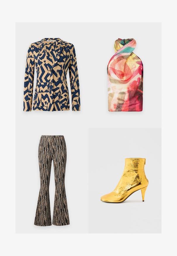 Veste bleu marine et beige avec un motif abstrait en zigzag, design à un bouton, col cranté et deux boutons. Texture de tissu douce.; Paolina Russo WRAPPED HALTER - Débardeur - acid brown; Diane von Furstenberg BURANO PANTS - Pantalon classique - black; Bottine dorée avec une texture brillante froissée, un bout pointu et un talon fin. Conception hauteur cheville avec fermeture éclair à l'arrière.