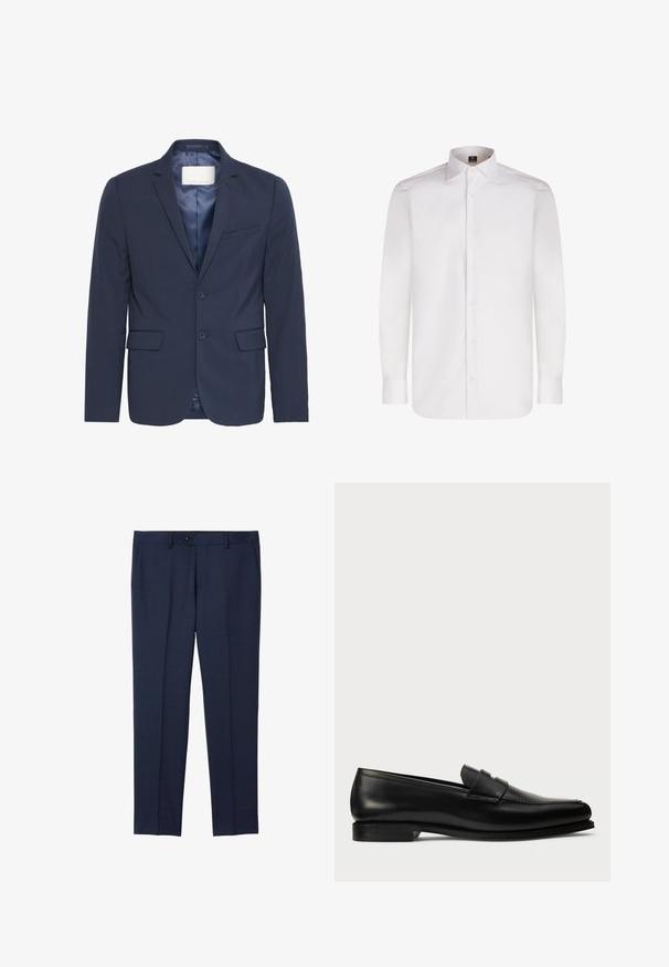 Blazer marine en tissu texturé, doté de deux poches avant, d'une poche poitrine simple et d'une fermeture à deux boutons avec doublure en satin.; Chemise blanche à manches longues avec boutons, en tissu lisse, dotée d'un col classique et d'un ourlet arrondi, avec des boutons sur le devant et des manches à poignet.; Pantalons taillés navy en tissu lisse. Dotés d'une fermeture à bouton, de poches latérales et d'une coupe droite.; Mocassin en cuir noir avec un devant arrondi, doté d'une sangle sur l'empeigne, texture lisse et un petit talon empilé.