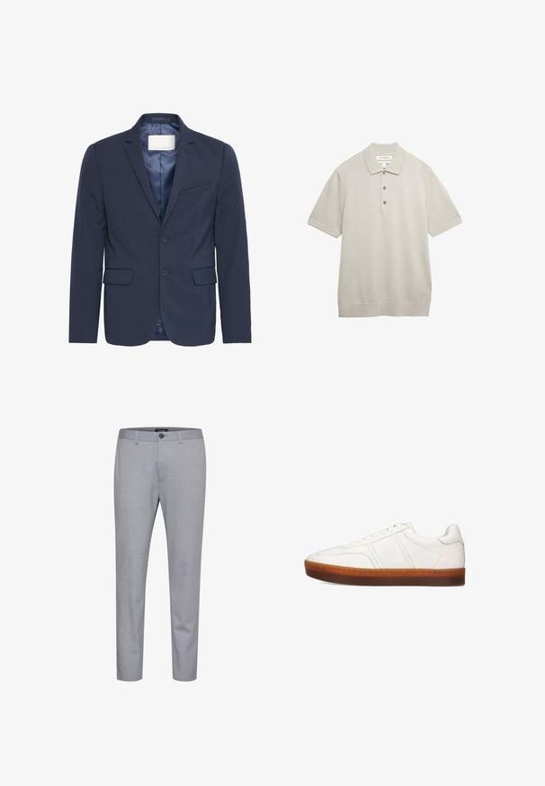 Blazer marine en tissu texturé, doté de deux poches avant, d'une poche poitrine simple et d'une fermeture à deux boutons avec doublure en satin.; Polo à manches courtes beige clair avec trois boutons et un col plat, en tissu mélangé coton et laine.; Pantalon à motifs gris en tissu au toucher lisse. Comprend une fermeture à bouton et une coupe fuselée.; Melvin & Hamilton ALFIE - Baskets basses - white