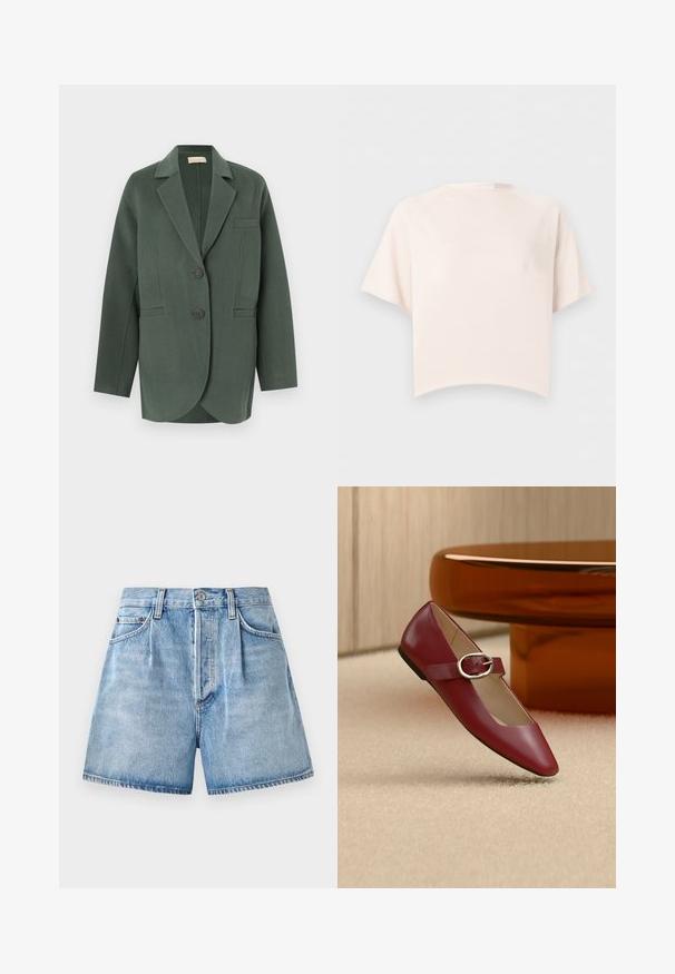 Mørkegrøn uldblazer med hakkrave, to knapper, lommer med klapper og lange ærmer vist på hvid baggrund.; Kortærmet, cremefarvet, ribstrikket cropped top med rund halsudskæring på ensfarvet hvid baggrund.; Lysblå denimshorts med høj talje, der har knap- og lynlås-lukning, forlommer og en rå kant.; Rød læder Mary Jane flad sko med sølvspænde, vist på et beige tæppe nær et brunt rundt bord.