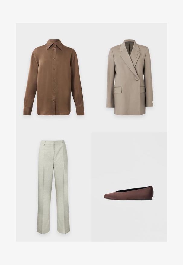 Beige dobbeltradet blazer med klippede revers, to forlommer og enkeltknaplukning. Fremstillet af et glat, struktureret stof.; Brun langærmet skjorte med knapper, spids krave og manchetter, vist mod en simpel hvid baggrund.; Lysegrå plisserede bukser lavet af tekstureret stof, med et lige ben-design og en flad talje uden synlige lukninger.; Brune balletflade sko i stof med spids tå og glat tekstur, med lav hælkappe og tynd sort sål. Ingen synlige mønstre eller beslag.