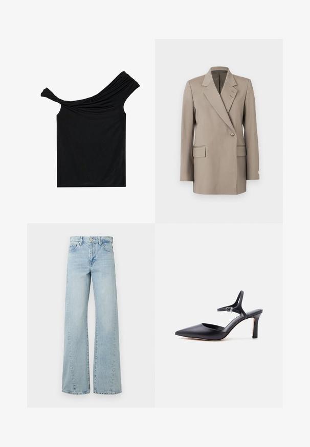 Beige Doppelreiher-Blazer mit Reverskragen, zwei Fronttaschen und einem einzelnen Knopfverschluss. Hergestellt aus einem glatten, strukturierten Stoff.; Schwarzes, schulterfreies Oberteil aus einem weichen Stoff. Mit gedrehten Details am Ausschnitt und einer figurbetonten Silhouette.; Hellblaue weit geschnittene Jeans aus Denim, mit einem Knopfverschluss, Vorderaschen und verwaschenen Stellen für Textur und Detail.; Schwarzer spitzer High Heel mit dünnem Knöchelriemen und silberner Schnalle, glatte Lederoberfläche, eleganter Damenschuh.