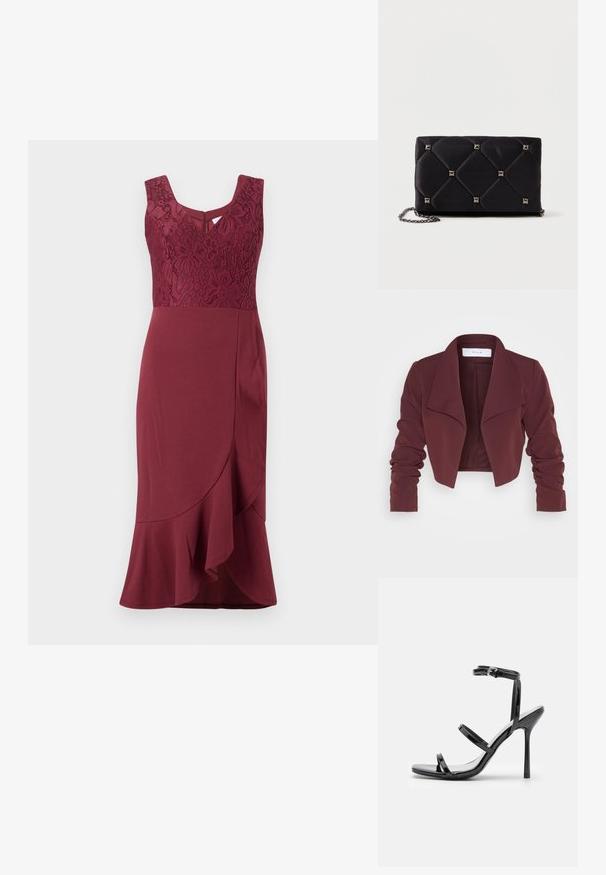 VILA VIHER BIN CROPPED BLAZER - NOOS - Bleiser - winetasting; Burgundi värvi kleit pitsist korpuse ja ilma varrukateta disainiga, millel on laienev hem ja asümmeetriline seelikuosa, sametise tekstuuriga kangas.; Mustad nahast kõrge kontsaga sandaalid, millel on kolm horisontaalset rihma ja reguleeritav pahkluuri rihm. Sleek siluett ja läikiv viimistlus.; Must mustrilineva satiinvöö, millel on hõbedased püramiidikujulised nupud, ketistrap, ristkülikukujuline kuju ja sile tekstuur. Mõõtmed 10 cm x 18 cm x 4 cm.