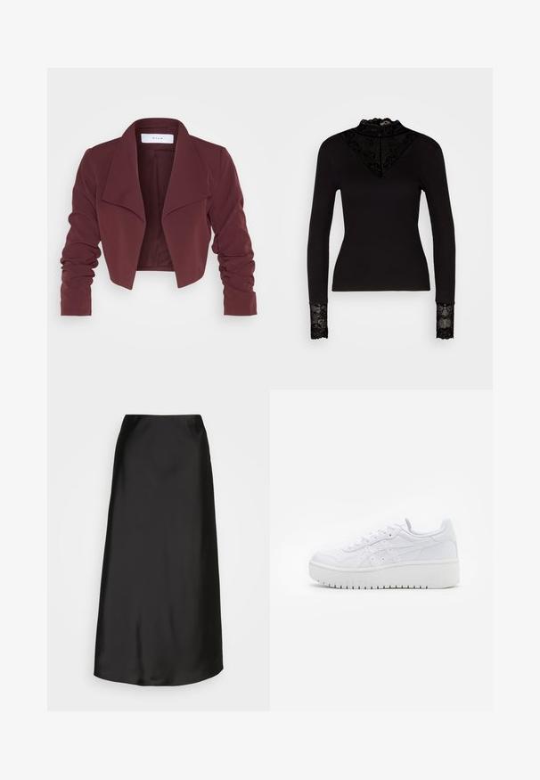 VILA VIHER BIN CROPPED BLAZER - NOOS - Blazer - winetasting; Vero Moda VMELLA HIGH NECK - Langarmshirt - black; Schwarzer Satin-Midi-Rock mit glatter Textur, A-Linien-Form und dezentem Glanz. Verfügt über ein elegantes, unkompliziertes Design ohne Verzierungen.; Weiße Plattform-Sneaker aus glattem Leder mit perforierten Details und flachen Schnürsenkeln; ausgestattet mit einer dicken weißen Gummisohle.