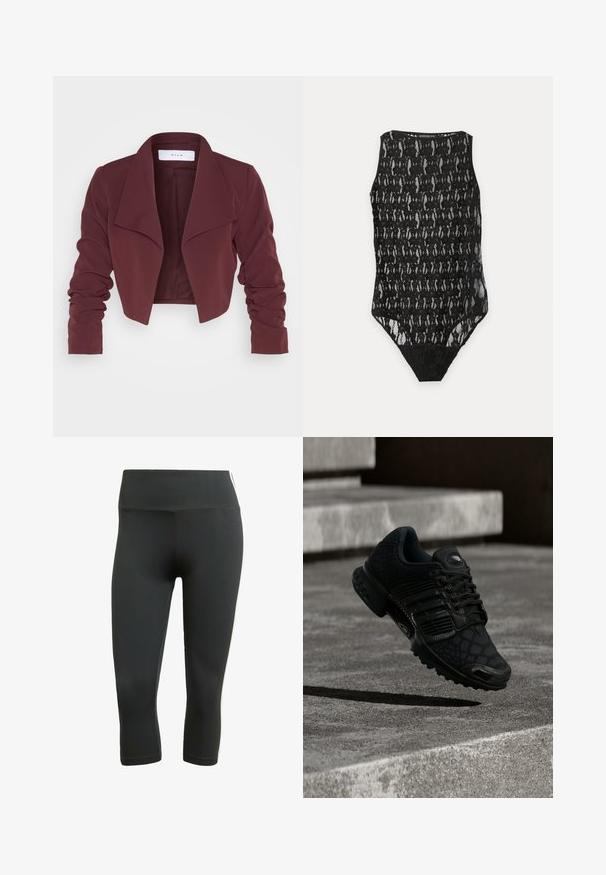 VILA VIHER BIN CROPPED BLAZER - NOOS - Σακάκι - winetasting; Μαύρο δαντελωτό κορμάκι χωρίς μανίκια με διαφανές ανθισμένο μοτίβο, ψηλό λαιμό και κόψιμο στρινγκ, τοποθετημένο επίπεδα σε λευκό φόντο.; Μαύρο κολάν καπρί από ελαστικό υλικό, με φαρδύ λάστιχο στη μέση και λευκές ρίγες πλευρικά για αντίθεση και λεπτομέρεια.; Μαύρο αθλητικό παπούτσι με υφή, σύστημα κορδονιών και μαλακή σόλα. Φαίνεται να αιωρείται πάνω από μια τσιμεντένια επιφάνεια.
