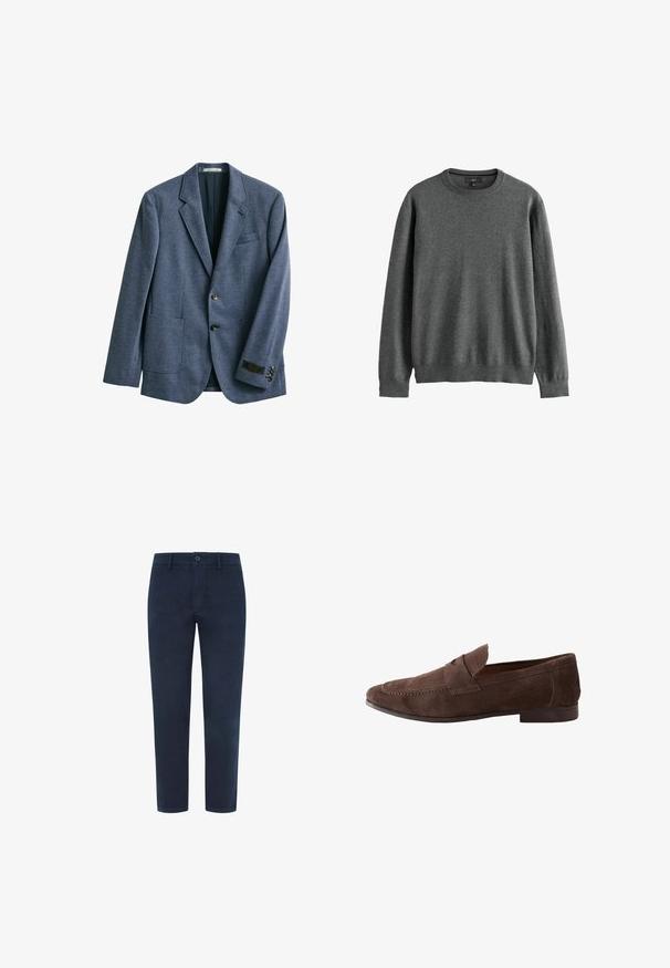 Blazer azul de hombre con dos botones delanteros, solapa con muesca, tres bolsillos delanteros y una etiqueta en el puño de la manga izquierda.; Suéter gris de punto con cuello redondo, mangas largas y puños y bajo acanalados. Textura suave y diseño simple, sin patrones ni acentos.; Chinos de algodón azul marino con cierre de botón, patas rectas y una textura suave. Presenta bolsillos laterales y un bolsillo trasero.; Mocasín de ante marrón para hombre con detalles cosidos y tacón bajo de madera, visto de lado sobre un fondo blanco.