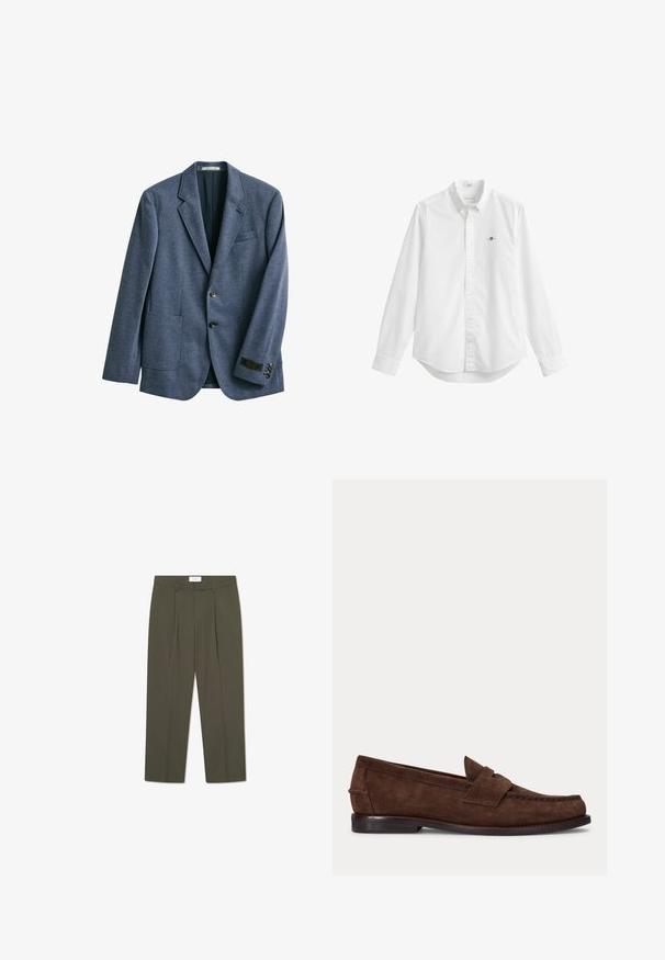 Blazer azul de hombre con dos botones delanteros, solapa con muesca, tres bolsillos delanteros y una etiqueta en el puño de la manga izquierda.; Camisa blanca de manga larga con cuello, botones delanteros y un pequeño logo bordado en el pecho izquierdo.; Pantalones verde oliva con rayas verticales, que cuentan con una cintura entallada, pliegues y un diseño de pierna recta. Textura suave.; Zapato tipo loafer de ante marrón con tacón bajo y costuras visibles en la punta, el lateral y la parte trasera, mostrado sobre un fondo claro y liso.