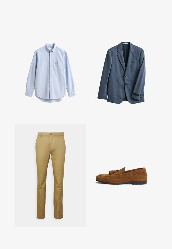 Blå herreblazer med to knapper foran, hakrevers, tre forlommer og et mærke på venstre ærmekant.; Lyseblå bomuldsskjorte med knapper. Har en brystlomme, lange ærmer og en klassisk krave. Glat tekstur med afrundet kant.; Khaki chinos lavet af glat bomuld, med et klassisk lige ben-design, forlommer og en enkelt knaplukning i taljen.; Brun herre loafer i ruskind med kvastdetalje og lav sort sål, siden præget med mærkets navn.