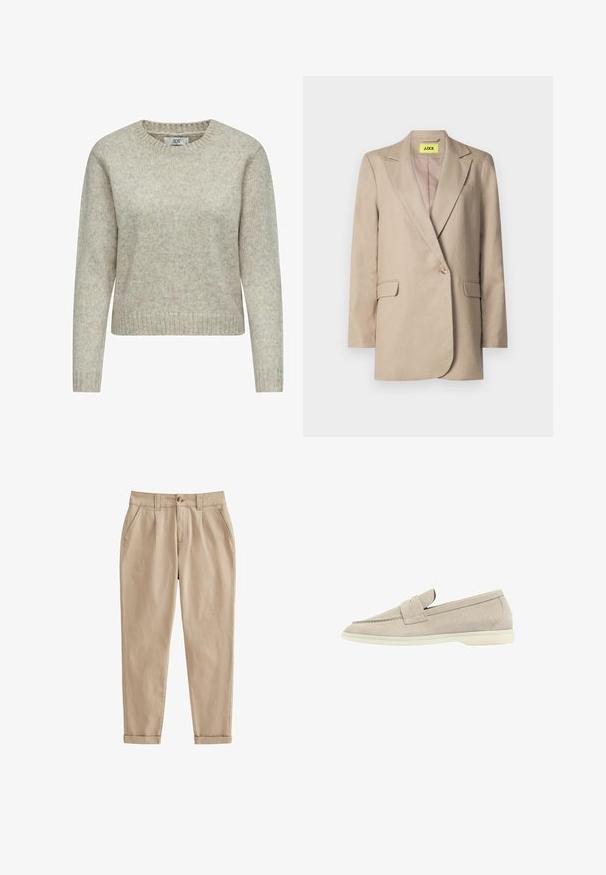 Blazer beige hecho de tejido texturizado, que presenta un solo botón, solapas de muesca, bolsillos delanteros y una etiqueta amarilla brillante en el interior.; Suéter de mujer en color beige claro, hecho de una suave tela de punto, que presenta un cuello redondo y puños y dobladillo de canalé. Diseño clásico de corte recto.; Chinos beige hechos de una tela de algodón ligera. Presentan una pierna ajustada, pliegues frontales, bolsillos laterales y puños enrollados. Textura cepillada.; Mocasines de ante beige claro con suela blanca baja, punta redondeada y una tira cosida a lo largo de la parte superior.