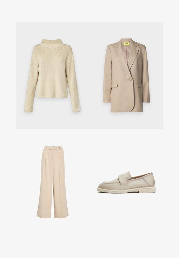 Blazer beige hecho de tejido texturizado, que presenta un solo botón, solapas de muesca, bolsillos delanteros y una etiqueta amarilla brillante en el interior.; Suéter de punto color crema con cuello alto, que presenta un corte relajado y textura de canalé, mangas largas y una longitud corta.; Pantalones de pernera ancha de color crema, fabricados en tejido texturizado, con una cintura alta, pliegues frontales y bolsillos laterales para mayor funcionalidad.; Mocasines de cuero beige con una textura suave, que cuentan con una correa elevada en la parte superior y una suela de goma baja y plana.