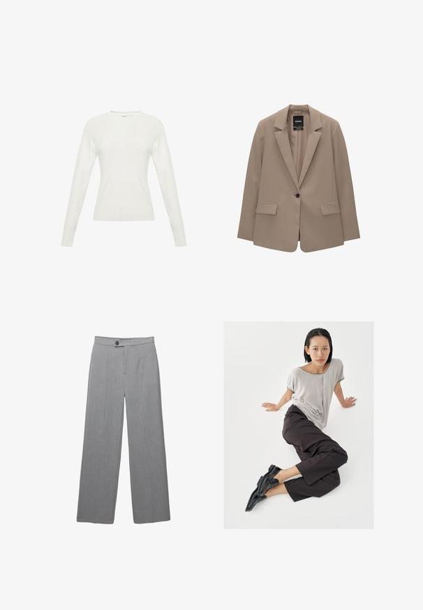 Blazer beige avec une coupe ajustée, fermeture à un bouton, revers crantés, et deux poches avant. Texture lisse, design minimaliste.; Pull blanc à manches longues avec une texture côtelée, un col rond et un design ajusté. Présente des détails de couture subtils sur le corps.; Pantalons gris ajustés avec une coupe large, devant plat et texture subtile. Comprend une fermeture à un bouton et des lignes épurées.; Haut gris clair à manches courtes, pantalons larges foncés, et mocassins noirs. Tissu lisse, coupe décontractée, et bordure contrastante sur la chemise.