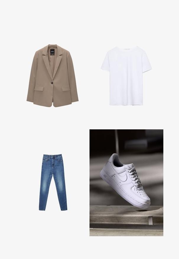 Béžový blazer s priliehavým strihom, jedným gombíkom na zapínanie, klopovými reverzami a dvoma prednými vreckami. Hladká textúra, minimalistický dizajn.; Hladké biele tričko s krátkym rukávom a okrúhlym výstrihom, s rovnými lemami, vystavené na bielom pozadí.; Modré vysoko pásové úzke rifle z denimu s prednými a zadnými vreckami, zapínaním na gombík a jemným vyblednutím na stehnách a kolenách.; Biele tenisky Nike Air Force 1 vznášajúce sa nad betónovým povrchom so tieňmi v minimalistickom prostredí.