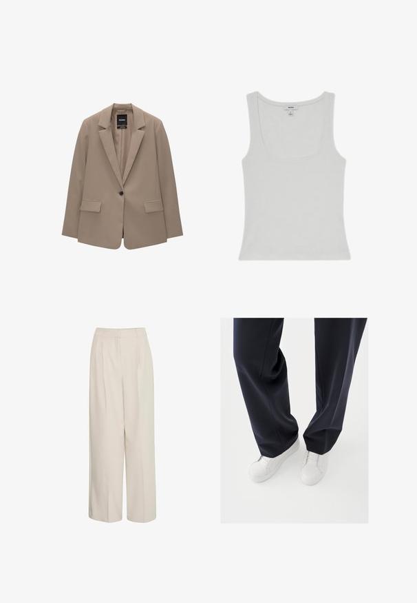 Beige blazer med skræddersyet pasform, enkelt knaplukning, spids lapel og to forlommer. Glat tekstur, minimalistisk design.; Hvid ærmeløs ribstrikket top med rund halsudskæring og lille mærke med mærkenavn indvendigt i kraven.; Højtaljede cremede bukser med brede ben og pressefolder, lavet af glat stof, med et rent design og skræddersyet pasform.; Hvide sneakers med teksturerede gummisåler og flade snørebånd, kombineret med mørkeblå bukser i løs, glat stof og skræddersyet pasform.