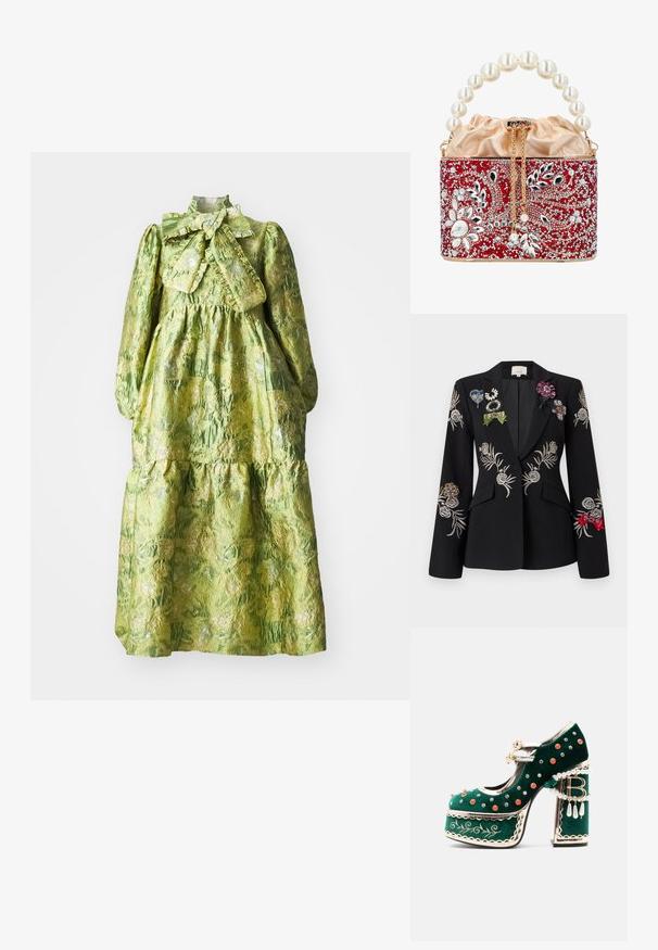 Sort blazer med broderede blomsterpatroner i sølv. Fremhæver farverige brocher, herunder grønne, blå og røde, der pryder reversen.; Grøn langærmet kjole med høj krave, lagdelt design og en tekstureret blomstermønster. Indeholder en stor sløjfe ved halsudskæringen.; Grøn fløjlsplatformsko med dekorative røde og sølvnitter, perleseler, guldkant, broderi og en blokhæl med dinglende perler og en "B"-vedhæng.; Rød og sølv perlebesat aftentaske med blomsterprint, blødt beige stoftop, gyldent kædesnøretræk og perlehåndtag.