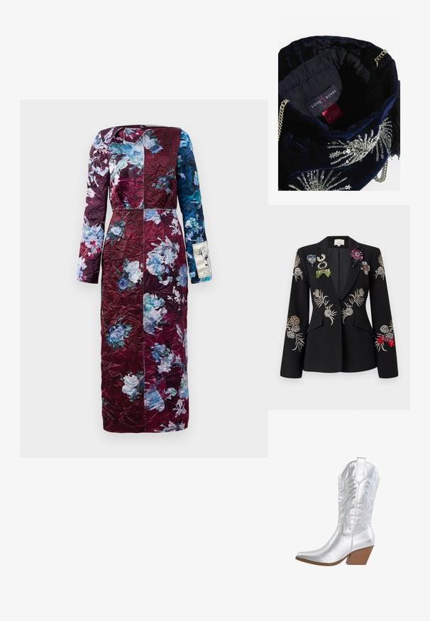 Zwarte blazer met geborduurde bloemenpatronen in zilver. Voorzien van kleurrijke broches, waaronder groen, blauw en rood, die de revers sieren.; Langarmige jurk met bloemenpatroon in bordeauxrood en blauw. Getextureerd materiaal, rechte snit en subtiele glans. Beschikt over een accent met een zijlabel.; Zilveren cowboylaars met puntige neus, gegraveerd bloemmotief en een gestapelde houten hak. Gladde metallic afwerking en hoge schacht.; Donkerblauwe fluwelen trekkoorden tas met zilveren kralenversieringen en kettingriem. Binnenvoering toont een merketiket.