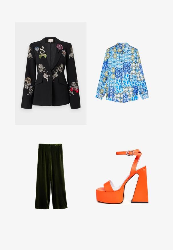 Sort blazer med broderede blomsterpatroner i sølv. Fremhæver farverige brocher, herunder grønne, blå og røde, der pryder reversen.; Langærmet skjorte med knapper med blå, hvide og gyldne geometriske og blomstrede patchworkmønstre.; Viskose brede bukser i mørkegrøn med en glat tekstur, der har læg foran og en afslappet pasform for komfortabel brug.; Orange platform sandaler med en firkantet hæl, en bred rem over tæerne og en spænde ankelrem. Glat, blank finish.